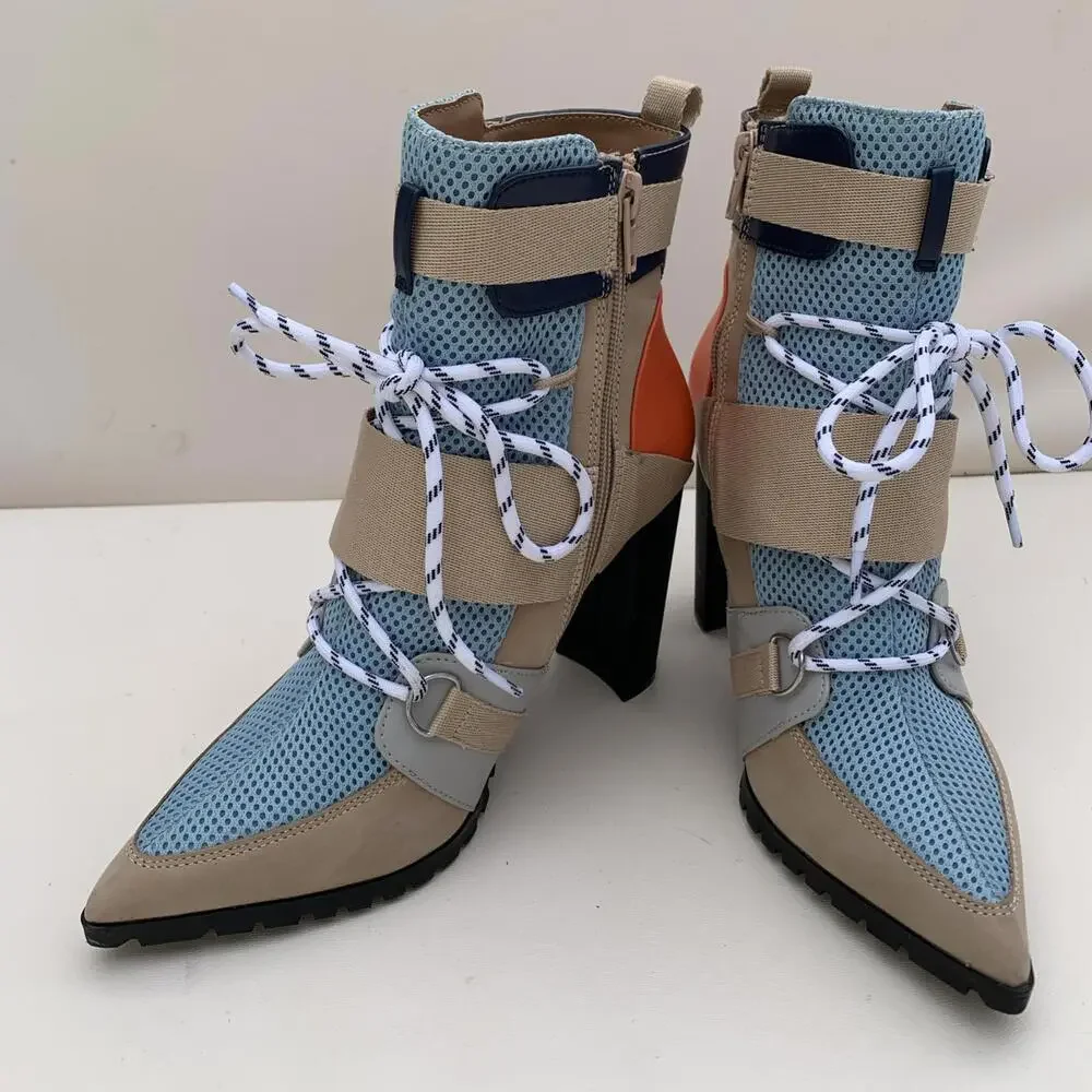 Steve Madden Illusion Pump Lace Up Boots Heels Womens Sz 8 Retro Y2k Orange Beig - Picture 9 of 13